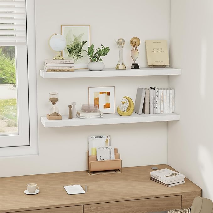 White Floating Shelves Wall Shelf 40 Inch, 8 Inch Deep Floating Shelf for Wall, Farmhouse Black Wood Shelves Invisible Bracket for Living Room, Bedroom, Kitchen, 40 x 8 x 1.4 Inch, Set of 2-Ruum Studio Home