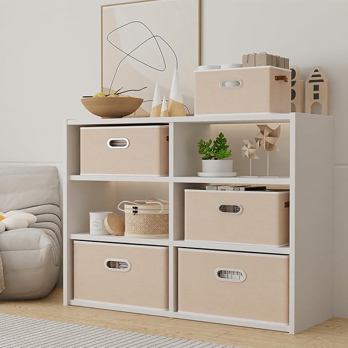 Yawinhe Collapsible Storage Box, Cube Storage Basket, Fabric Foldable Storage Bins Organizer Containers with Dual Leather Handles for Home Bedroom Closet Office,15.0 x 9.8 x 8.3 Inch, (Beige, 4-Pack)-Ruum Studio Home