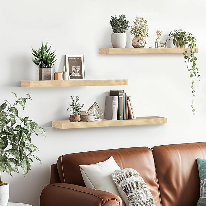 Floating Wall Shelves 3-Pack - 24-Inch Rustic Wooden Shelves for Storage and Décor, Easy Installation for Living Room, Bedroom, and Kitchen-Ruum Studio Home