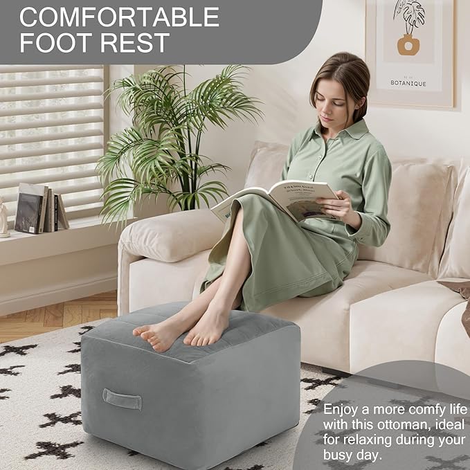 MeMoreCool Square Stuffed Pouf Ottoman Foot Rest, Floor Pouf Foot Stool with Foam Chunk Filling, Soft Stuffed Ottoman Footrest for Living Room, Light Grey-Ruum Studio Home