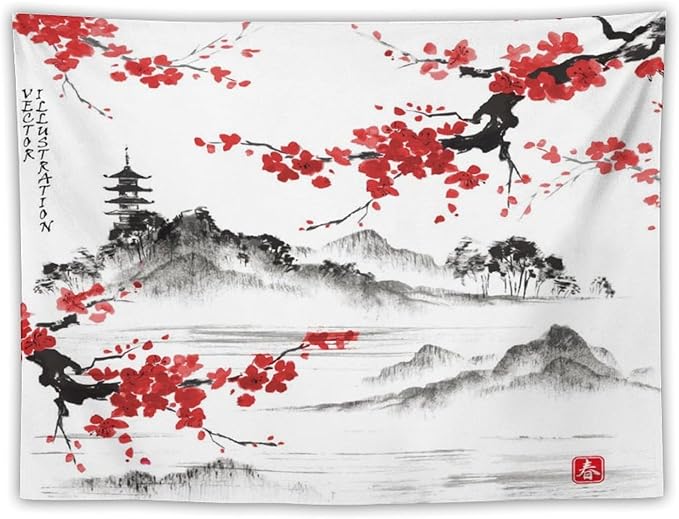 Cherry Blossoms Tapestry, Japanese Fuji Mountain Tapestry, Asian Japanese Wall Tapestry, Nature Landscape Tapestries for Bedroom Living Room Decor 90"x60"-Ruum Studio Home