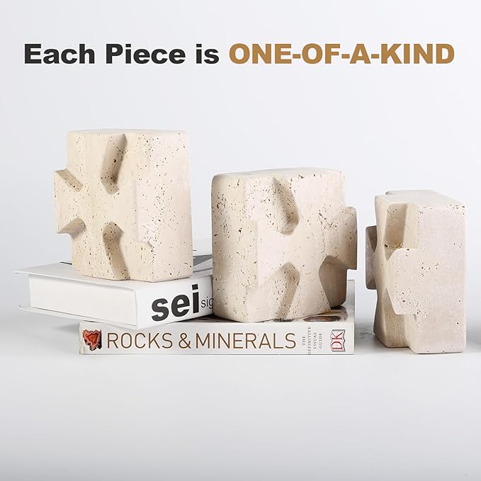 Natural Marble Bookends for Heavy Books, Heavy Duty Square Decorative Stone Book Ends for Shelves, Aesthetic Travertine Book Holder, Modern Office Bookshelf Stopper Decor, Beige, Set of 2-Ruum Studio Home