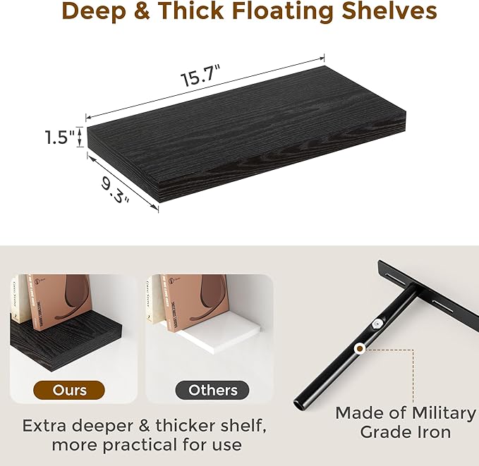Fun Memories Black Floating Shelves 16 Inch Long, 9 Inch Deep Wall Shelf for Bathroom, 16 x 9 Floating Shelf for Living Room, Bedroom, Kitchen, Rustic Wood Shelves for Wall, Set of 2-Ruum Studio Home