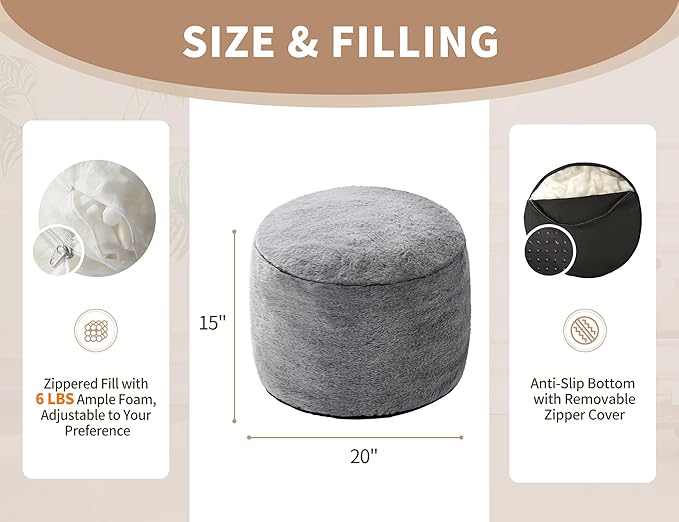 Round Ottoman Foot Rest for Couch 20"x15" Foot Stool Ottoman Pouf with Foam Chunk Filling Small Ottomans Foot Stools Poufs for Living Room Dark Grey Poof Hassocks and Ottomans Soft Foot Rest for Chair-Ruum Studio Home