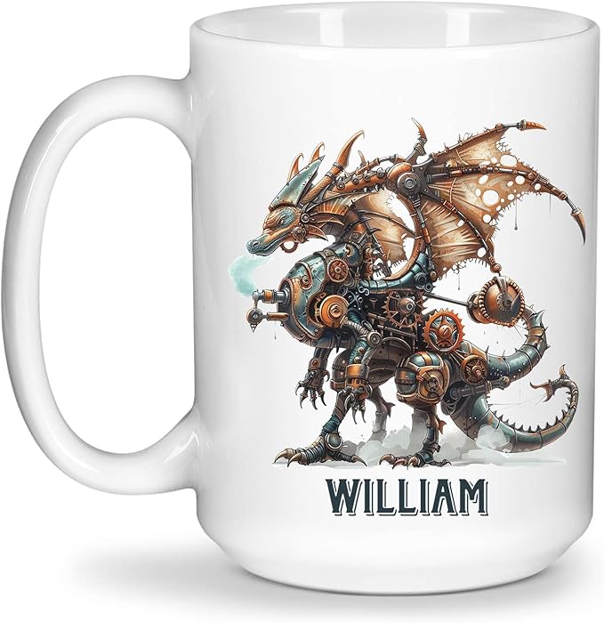 Personalized Name Dragon Lover Ceramic Mug 15oz, Custom Mechanical Dragon Design Coffee Cup, Unique Dragon Mug Gift For Fantasy Enthusiasts, Customized Kid Cup On Birthday, Holiday-Ruum Studio Home