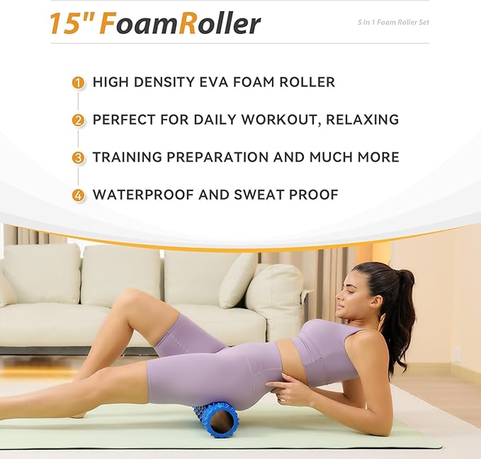 5 in1 Foam Roller Set, Trigger Point Foam Roller, Massage Roller Stick, Massage Ball, Resistance Band for Deep Muscle Massage Pilates Yoga,Fitness Exercise for Whole Body (Pure Blue)-Ruum Studio Home