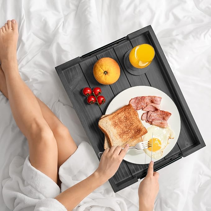 Dark Grey Coffee Table Decorative Serving Tray with Handles & 4 Coasters - 17x13 Inch Wood Tray for Ottoman, Breakfast, Wooden Tray-Ruum Studio Home
