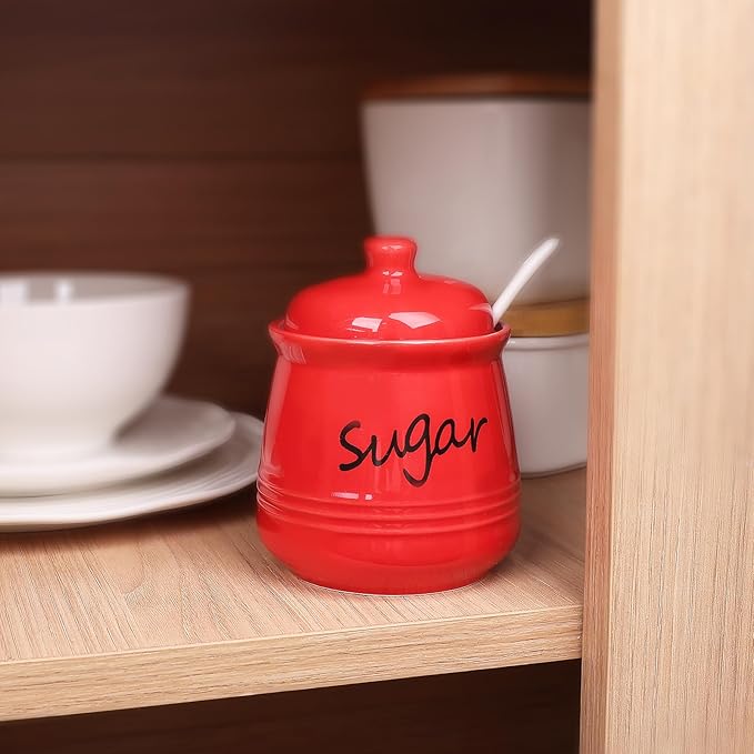 HAOTOP 12oz Sugar Bowl with Lid and Spoon,Ceramic Sugar Jar Sugar Dispenser Sugar Container Coffee Bar Accessories, Kitchen Countertop Canisters, Red-Ruum Studio Home