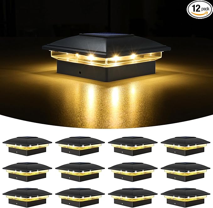 VOLISUN Solar Post Cap Light Outdoor Waterproof 12pack,Solar Fence - Post Lights for 4x4 5x5 6x6 Wooden/Vinyl Post,Black Deck Post Cap Light Solar Powered with Warm White for Garden/Patio/Porch-Ruum Studio Home