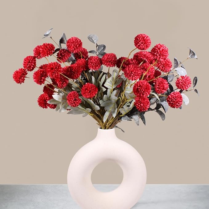 Burgundy Flowers, Maroon Artificial 10 Long Stems + Eucalyptus, Wine Colored Silk Flowers for Burgundy Decor, Fall Table Centerpieces, Dark Red Faux Mums, Thanksgiving Centerpieces For Tables-Ruum Studio Home