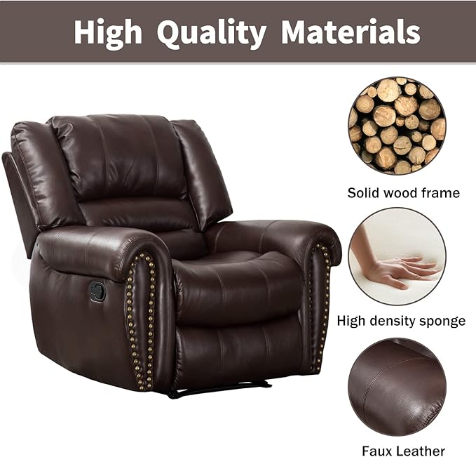 CANMOV Leather Recliner Chair, Classic and Traditional Manual Recliner Chair with Comfortable Arms and Back Single Sofa for Living Room, Brown-Ruum Studio Home