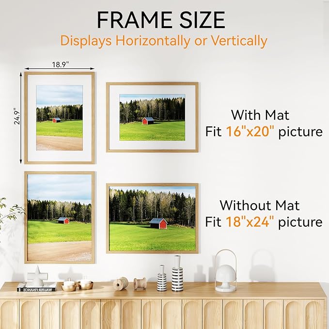 IBUYKE 18x24 Picture Frame,Solid Oak Wood 18x24 Photo Frame with Mat to 16x20,18x24 Picture Frames With Tempered Glass,Wall Mount Display,Home Decor,Natural Oak 24 x 18 Frame,UWPF1824N-Ruum Studio Home