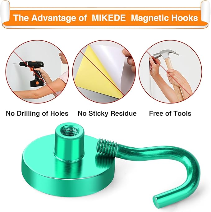 MIKEDE Magnetic Hooks, 40Lbs+ Heavy Duty Magnet Hooks for Cruise Cabins, Super Neodymium Hanging Hooks Strong Magnets with Hook for Fridge, Magnetic Hanger for Grill, Toolbox, Storage(Green, 10 Pack)-Ruum Studio Home