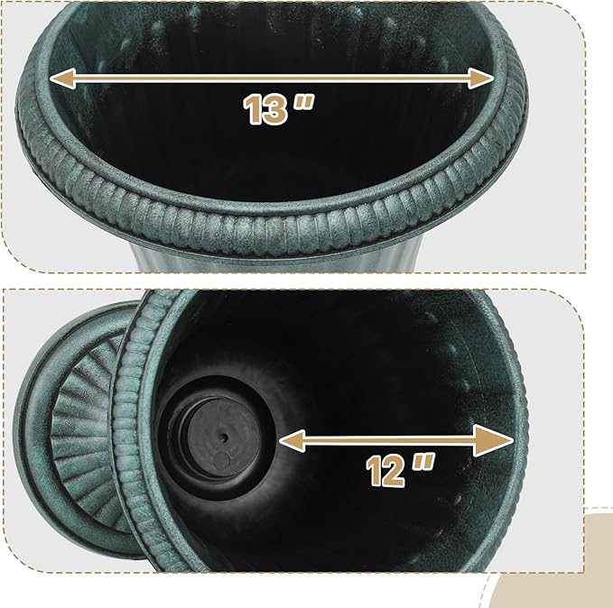 Athena Collection 20''H Garden Plastic Urn Vintage Tall Planter Urn Patio Large Flower Pot Porch Planter Large Planter for Indoor Outdoor Plant, Dark Green-Ruum Studio Home