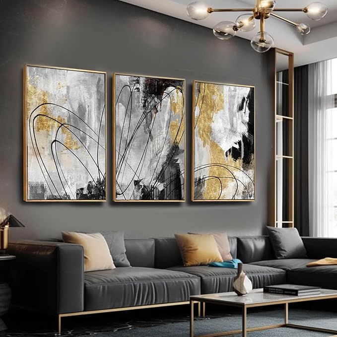 YJYart Gold Wall Art Abstract Wall Art Living Room Decor Black and White Canvas Picture Home Decor Wooden Frame Line Paintings Modern Artwork Office Decor 24"x 36"x 3 Pieces-Ruum Studio Home