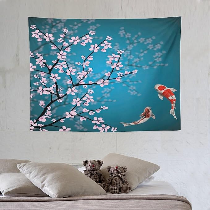 Japanese Koi Fish Tapestry, Cherry Blossoms Asian Oriental Green Teal Flower Branch Koi Fish Carp Tapestries Wall Hanging for Bedroom Living Room Office Decor 40"x30"-Ruum Studio Home