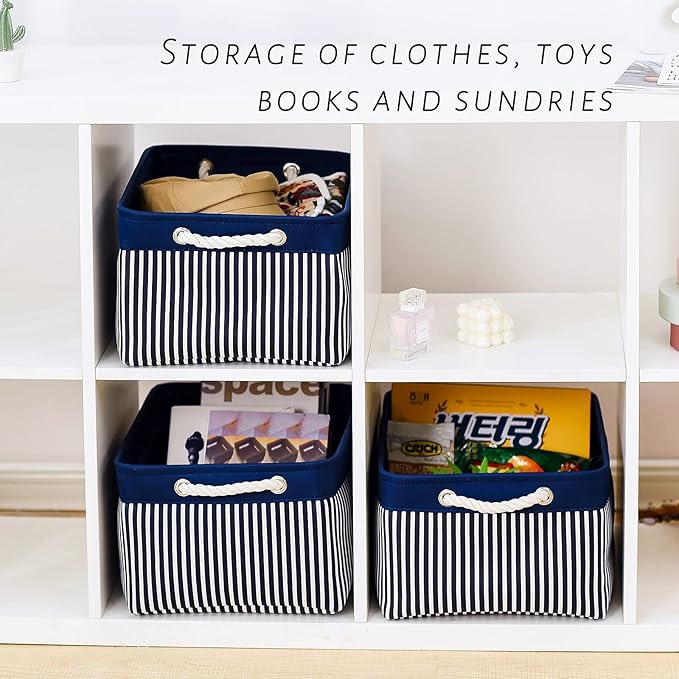 TcaFmac Storage Basket for Organizing - Large 4 Pack Foldable Storage Bins Baskets for Shelves with Ropes, Fabric Storage Cubes for Cloth Toy Gift Kids (Navy & White 16x12x8 inch)-Ruum Studio Home