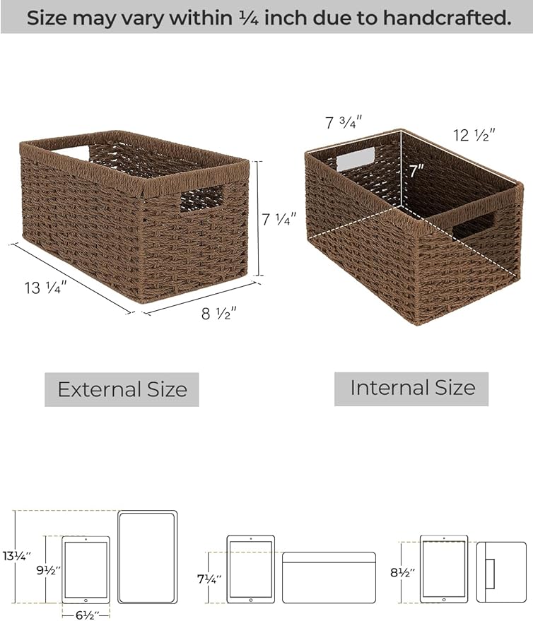 StorageWorks Round Paper Rope Storage Baskets, Rectangular Wicker Baskets with Built-in Handles, Medium, 2-Pack-Ruum Studio Home