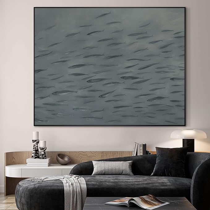 SIGNWIN 46"x60" Extra Large Framed Wall Art Gray School of Fish Minimalist Ocean-Inspired Marine Life Illustration for Home Living Room Bedroom Decor (Frame Assembly Required)-Ruum Studio Home