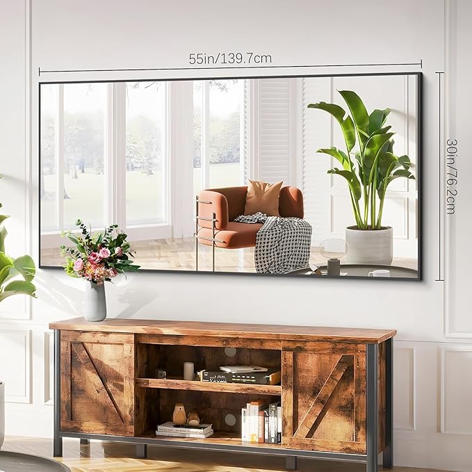 Black Bathroom Mirror for Wall, 55x30 Inch Rectangle Mirrors with Metal Frame, Modern Vanity Wall Mirror Decor for Bathroom Living Room, Entryway Hangs Horizontal or Vertical-Ruum Studio Home