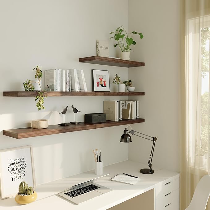 Large Floating Shelves for Wall Set of 3 Wooden Wall Shelves 36 in x 12.75 in x 2 in Room Decor Long Shelf with Invisible Wall Mount Bracket for Bedroom Kitchen Living Room Walnut-Ruum Studio Home