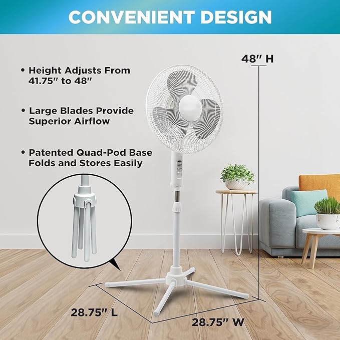 EZ-CHILL 16” Oscillating Pedestal Fan, 3-speed Options, 90-Degree Oscillating Head, Adjustable Height and Tilt, Powerful Air Flow, Black, MTFS-16B-BLK-Ruum Studio Home