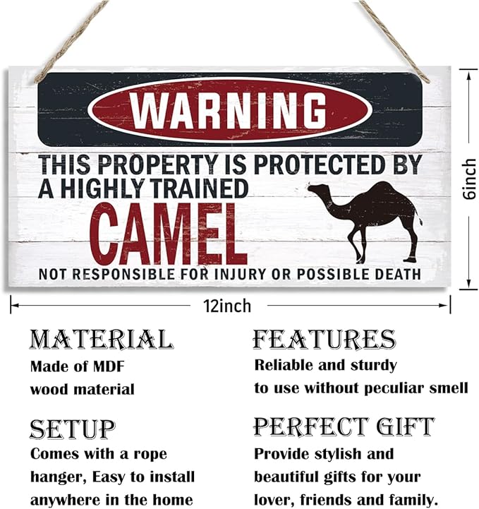 Warning Sign, Camel Warning Wood Plaque Sign, Funny Door Signs, Decorative Wood Hanging Suspension Plaque, Farmhouse Wooden Wall Decor, Outdoor Hanging Wooden Signs-Ruum Studio Home