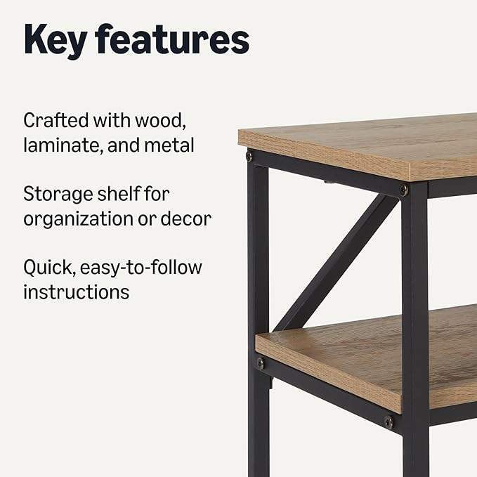 Amazon Basics Rectangular Console Table with Storage Shelf, Steel Frame, 39x31x11.8 in, Oak Finish-Ruum Studio Home