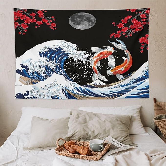 Houselerax Japanese Koi Fish Tapestry, Yin Yang Big Wave Red Cherry Blossom Tapestries Wall Hanging for Bedroom Living Room Office Decor 90"x60"-Ruum Studio Home