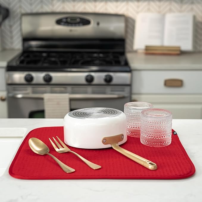 S&T INC. Dish Drying Mat, 16” x 18”, Absorbent Microfiber Kitchen Counter Mat, Dish Drying Pad for Dishes, Utensils, Pots and Pans, Large, Red-Ruum Studio Home