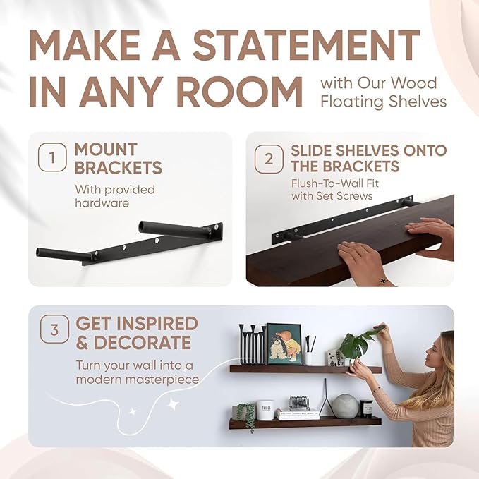 Homeforia Walnut 36 inch Floating Shelf, High End Solid Real Wood 36inch Large Shelves for Bathroom Wall, Dark Brown 36 inches Long Floating Shelves, Heavy Duty Bracket, 36 X 6.5 X 1.75 inch, Set of 2-Ruum Studio Home