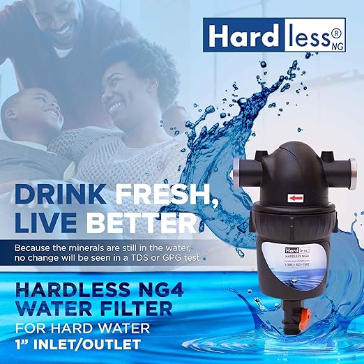 Hardless NG4 Whole House Water Filter - Salt-Free Softening Device - Reduces Limescale, Sediment & More - Compact, Easy to Install - Comes w/ 1" Inlet/Outlet- Filtration System for Extra Hard Water-Ruum Studio Home