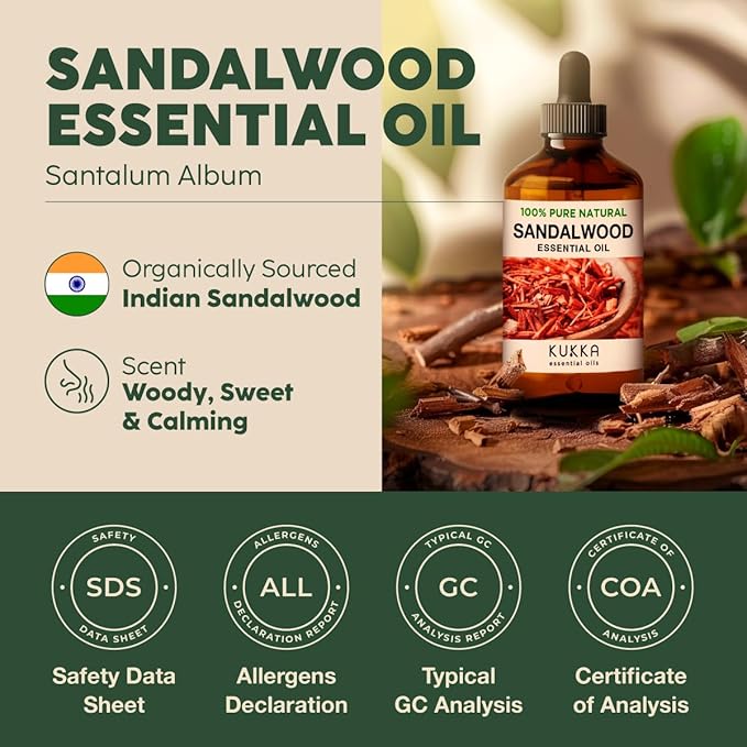 Kukka Sandalwood Essential Oil for Diffuser & Skin - 4 Fl Oz - 100% Pure Natural Sandalwood Oil, Woody Scent, for Massage, Perfume, Hair, Aromatherapy, Candle & Soap Making Scent DIY-Ruum Studio Home