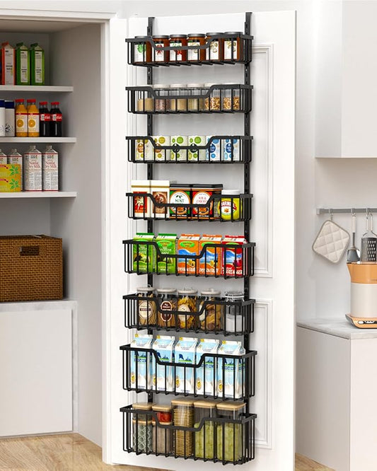 Over The Door Pantry Organizer, 8-Tier Pantry Door Organizer Shelves | 3 Sizes | Adjustable Basket | Metal Hanging Spice Rack for Kitchen, Pantry, Cabinet, Back of Door Seasoning Rack, Black-Ruum Studio Home