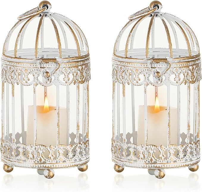 NUPTIO Tea Light Candle Holders: 2 Pcs 6 inch H Distressed White Bird Cage Lantern Centerpiece Hanging Metal Birdcage Tealight Votive Holder for Home Fireplace Dining Table Living Room Decoration-Ruum Studio Home