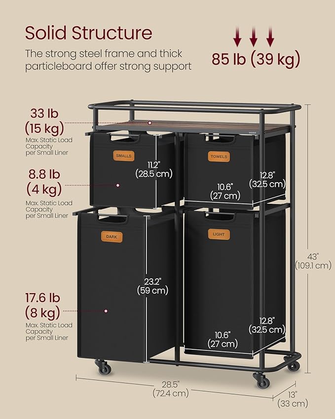 VASAGLE Laundry Sorter, Laundry Hamper with Wheels, 39.6 Gal. (150 L) Portable Rolling Cart Baskets with Shelf, 4 Removable Liners and 6 Labels, Ink Black and Chestnut Brown URLS100B01-Ruum Studio Home