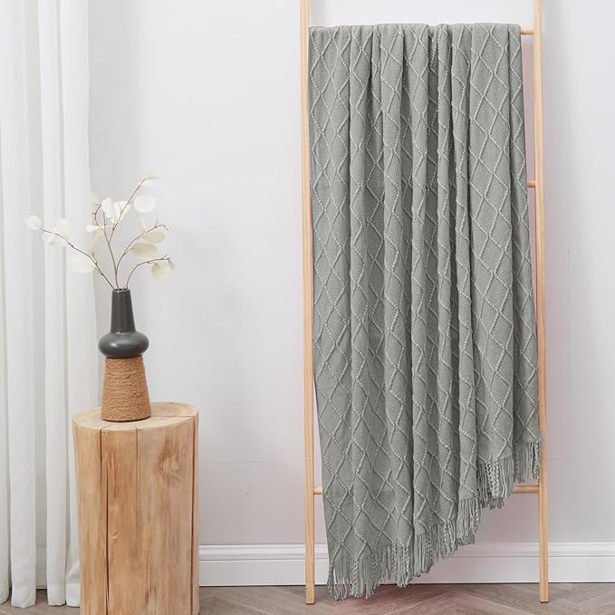 inhand Knitted Throw Blankets for Couch and Bed, Soft Cozy Knit Blanket with Tassel, Light Grey Lightweight Decorative Blankets and Throws, Farmhouse Warm Woven Blanket for Men and Women, 60"x80"-Ruum Studio Home