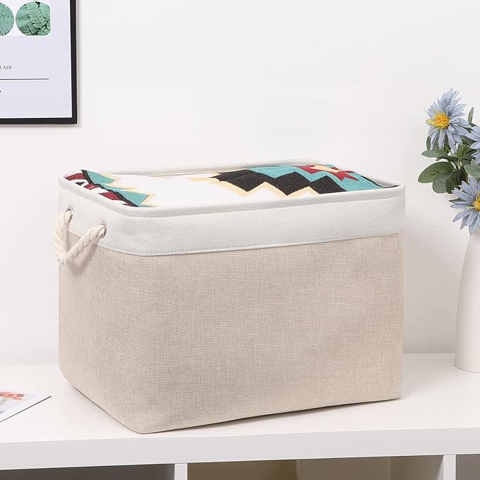 Bidtakay Beige Storage Basket Large Fabric Cloth Baskets [2-Pack] Tall Rectangular Shelf Baskets 16X11.8X11.8 in Canvas Collapsible Storage Bins with Handles for Organizing Living Room(White&Beige)-Ruum Studio Home