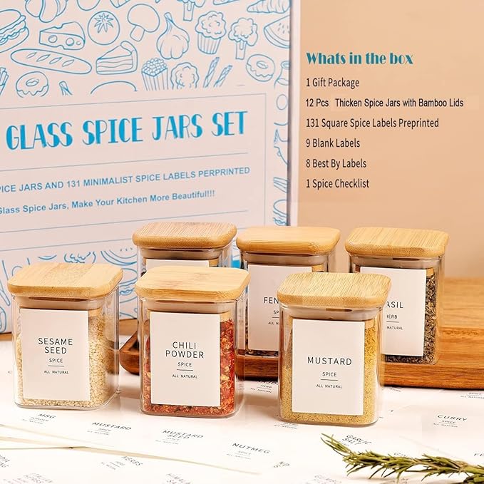 12 Pcs Square Glass Spice Jars with Natural Bamboo Lids - 9oz Airtight Herb Containers with 148 Waterproof Minimalist Spice Labels Preprinted - Empty Small Seasoning Jars for Kitchen Pantry-Ruum Studio Home