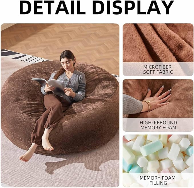 Bean Bag Chair 6Ft, Memory Foam Filled, Large Beanbag Chairs for Adults and Teens, Soft Sofa with Removable Flannel Cover, Round Couch for Living Room Bedroom College Dorm (Coffee, 6FT-67×67"×24")-Ruum Studio Home