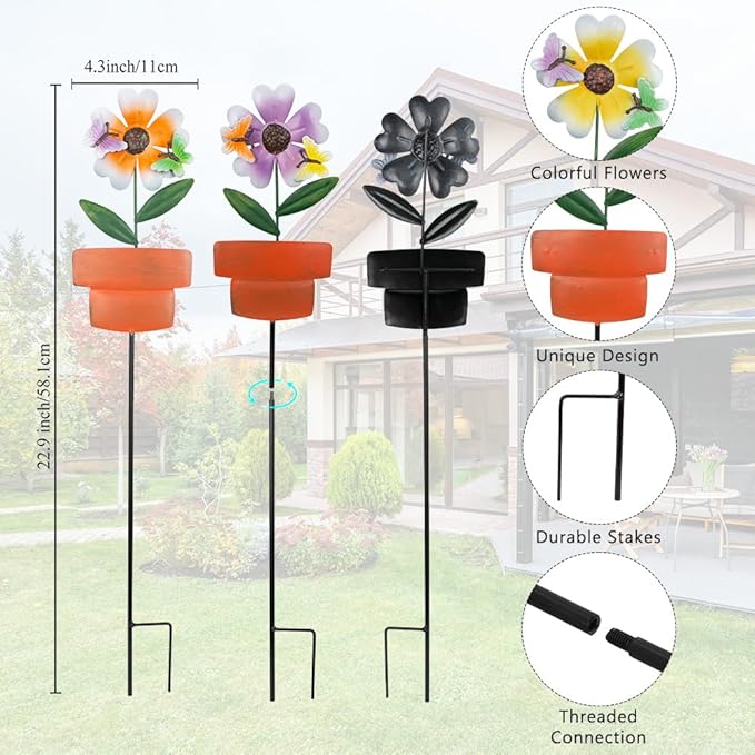 Metal Garden Stakes Decor,3 Pack Flowers Pot Decorative Garden Stakes, Waterproof Spring Outdoor Decor,Metal Flowers Garden Decor for Outside,Lawn,Yard,Pathway-Ruum Studio Home
