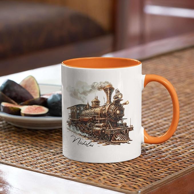 Customized Vintage Locomotive Design Ceramic Cup, Personalized Steampunk Train Coffee Mug 11oz 15oz, Unique Custom Name Mug Gift For Train Enthusiasts, Steam Engine White Mug-Ruum Studio Home