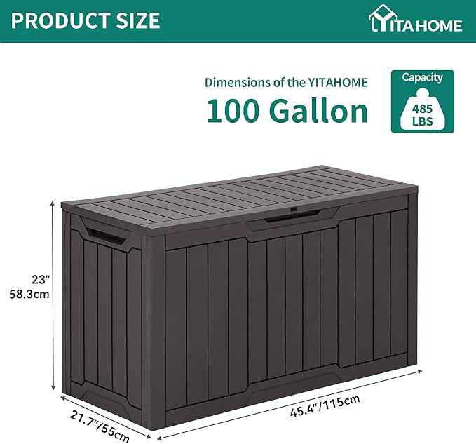 YITAHOME 100 Gallon Outdoor Storage Box, Large Water Resistant Resin Deck Box, Indoor Outdoor Lockable Storage Container for Patio, Garden, Cushions, Tools, Equipment (Dark Brown)-Ruum Studio Home