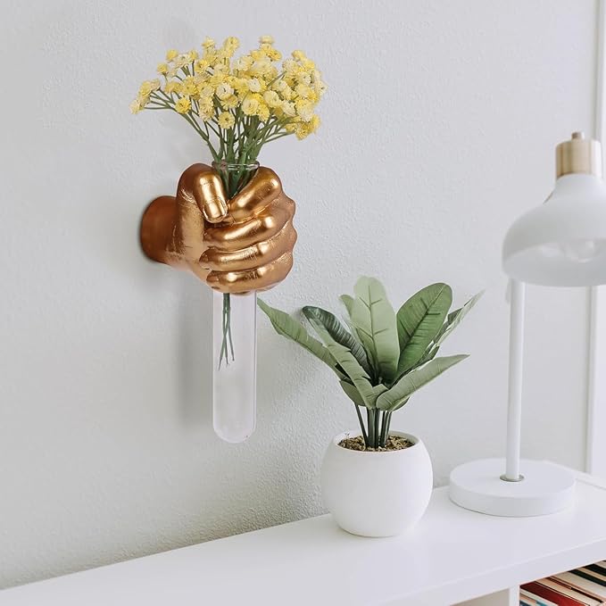Gold Wall Sculptures, Hand Vases Home Decor, Wall Mount Art Sculpture, Unique Wall Art Statue, Funky Flower Vase Decorations, Modern Eclectic Hanging Decor,Glass Test Tube Vase-Ruum Studio Home