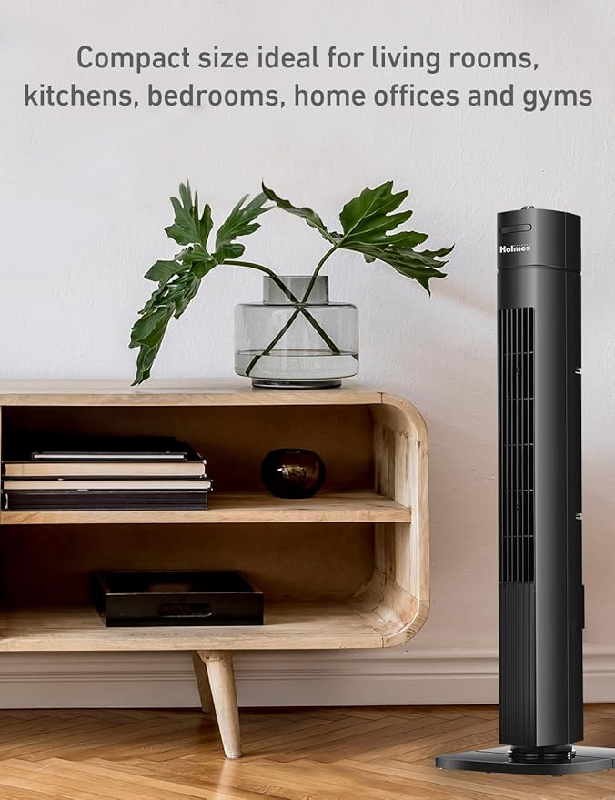 Holmes 31" Manual Tower Fan, 70° Oscillation, 3 Speeds, 2-Hour Auto Shut-Off Timer, Adjustable Vents, Compact and Slim Profile, Carry Handle, Ideal for Cooling your Home, Bedroom or Office, Black-Ruum Studio Home