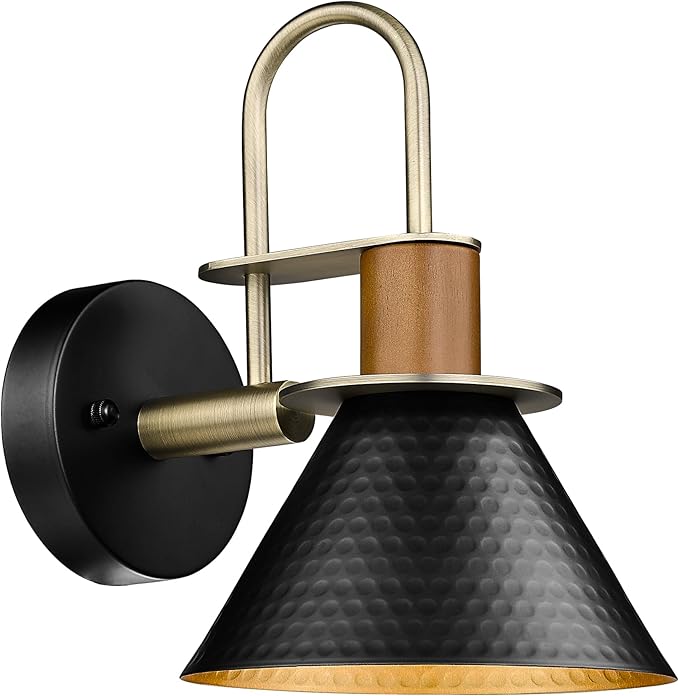 Black Wall Sconce, HWH Industrial Indoor Wall Light Fixture, Single Wall Vanity Light Gooseneck Barn Wall Lamp with Hammered Metal Shade, Black and Gold Finish, 5HZG74B BK+BG-Ruum Studio Home