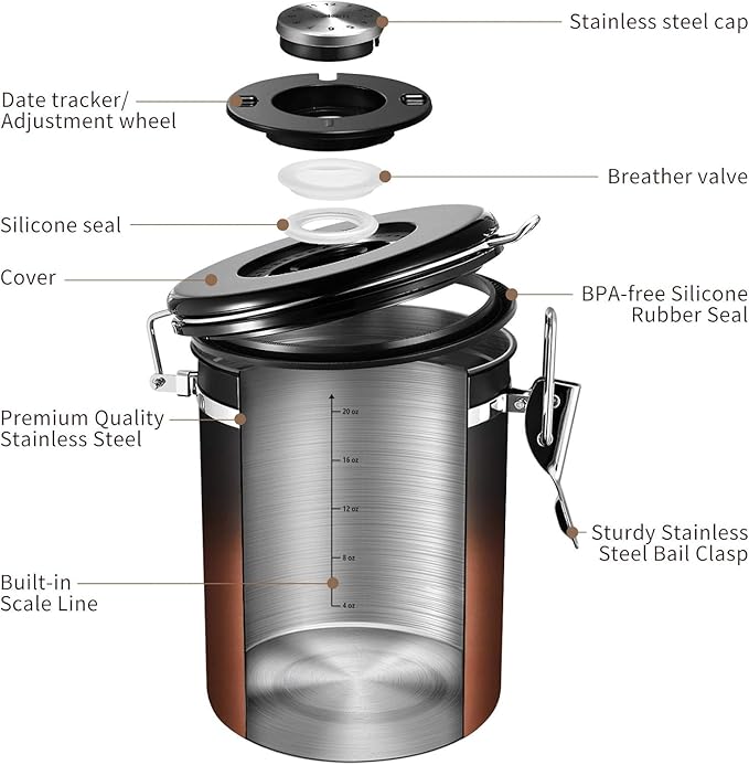 Veken Coffee Canister with Window,Airtight Stainless Steel Kitchen Food Storage Container, Date Tracker & Scoop for Grounds Coffee, Beans, Tea,Flour,Cereal,Sugar,22OZ,Copper-Ruum Studio Home