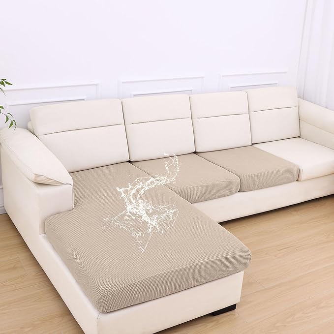 hyha Waterproof Couch Cushion Covers for Pets, Non Slip Sofa Seat Cover for Dogs Washable, Soft Thick Stretch Jacquard Fabric, Sofa Slipcovers with Elastic Bottom (1 Chaise+2 Seater, Taupe)-Ruum Studio Home