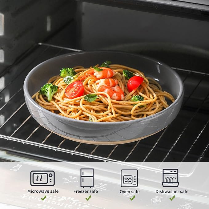Pasta Bowls 26 OZ,Ceramic Salad Serving Bowls Set of 4,Large 8.2 inch Shallow Bowls Plates for Soup,Fruit,Noodle,Dinner,Dishwasher & Microwave Safe,Gray-Ruum Studio Home