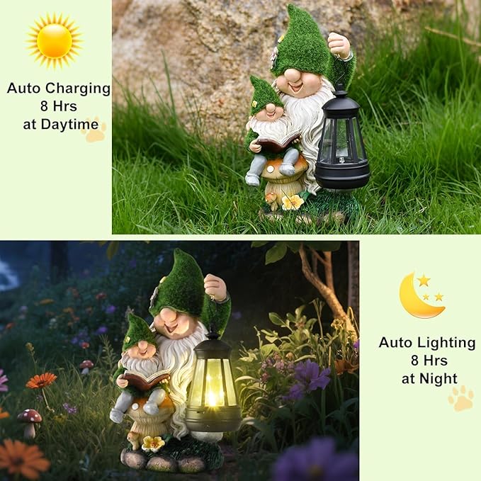 Solar Garden Gnome Statue Flocked Reading Parent & Child Gnomes with LED Light, Outdoor Waterproof Lawn Ornament Decor for Patio Lawn Yard Pathway Gift Idea for Women Mom Mothers Day-Ruum Studio Home